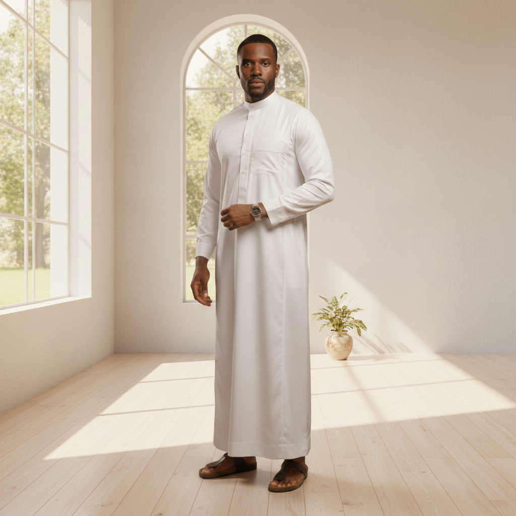 Qamis Homme Blanc Classique – Tissu Premium Fluide – Élégance Traditionnelle