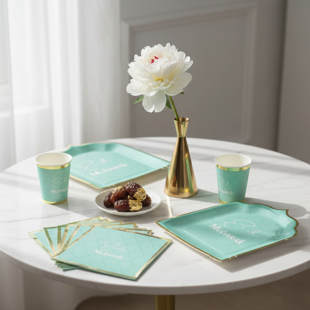 Set Vaisselle Jetable Aïd Mubarak – Vert Menthe et Or – Forme Arche Orientale