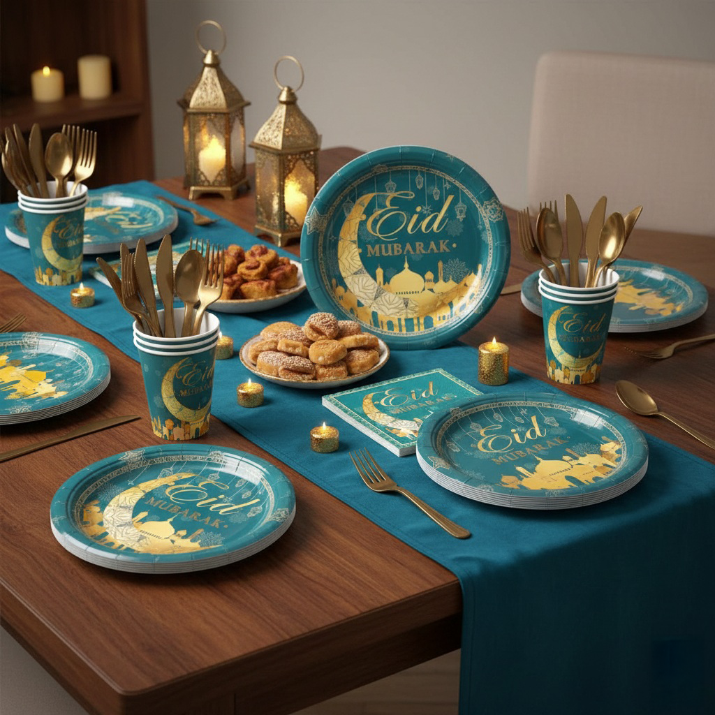 Set de Vaisselle Jetable Aïd Mubarak – Bleu Canard et Or – Design Palais & Lune