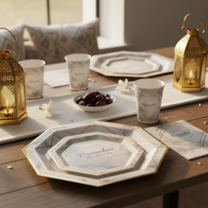 Set de Vaisselle Jetable Ramadan Mubarak – Marbre Blanc et Or